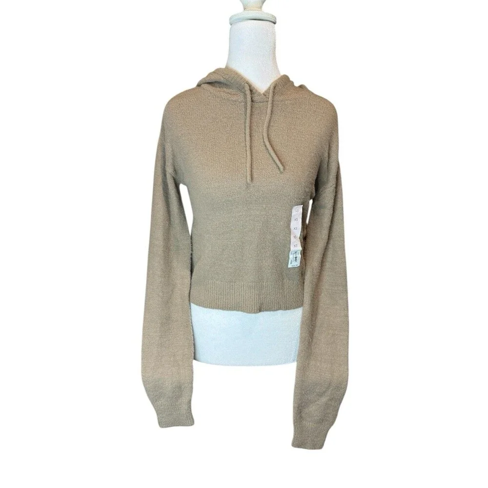 SO Juniors Hoodie XS Beige Eyelash Plush Yard Crop Khaki Loungewear Womens NWT